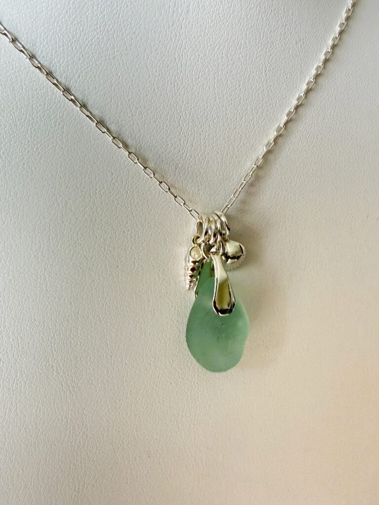 Sea Glass and silver shells on a silver chain