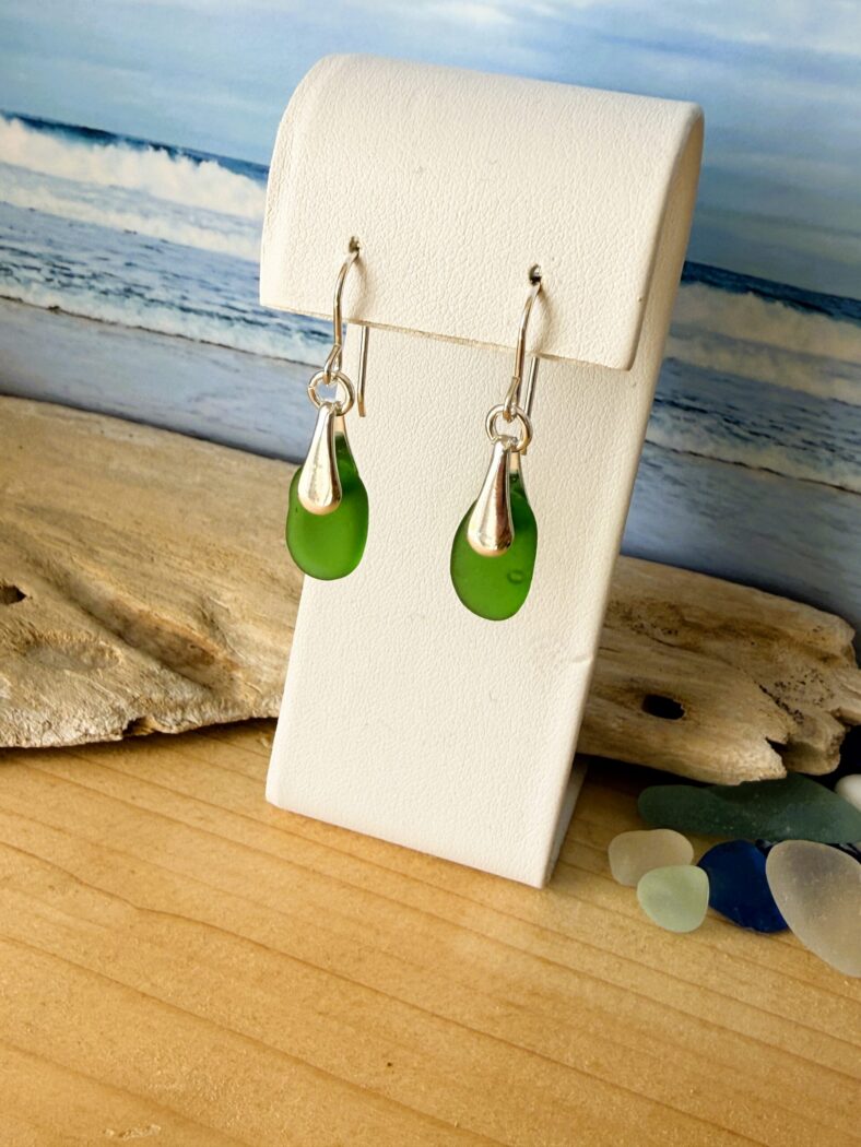 IMG_9847 green sea glass earrings set with sterling silver, handmade in Scotland