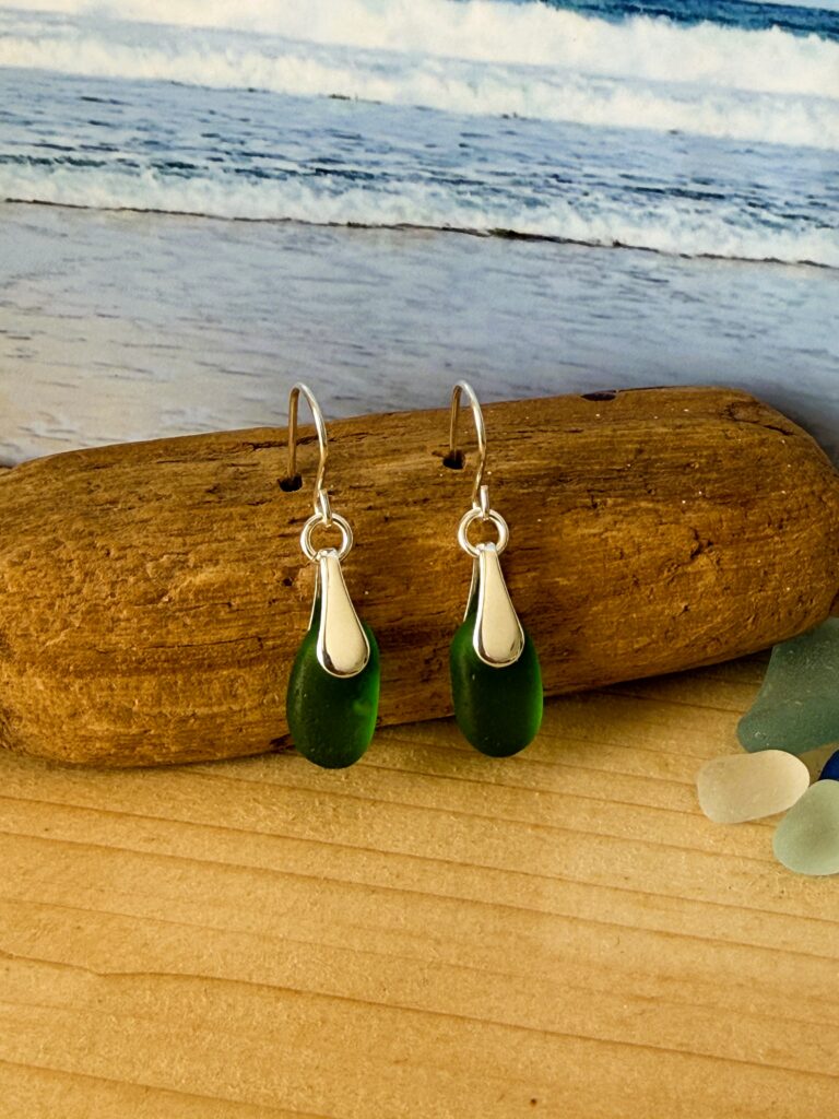 green Sea Glass earrings set with sterling silver, handmade in Scotland