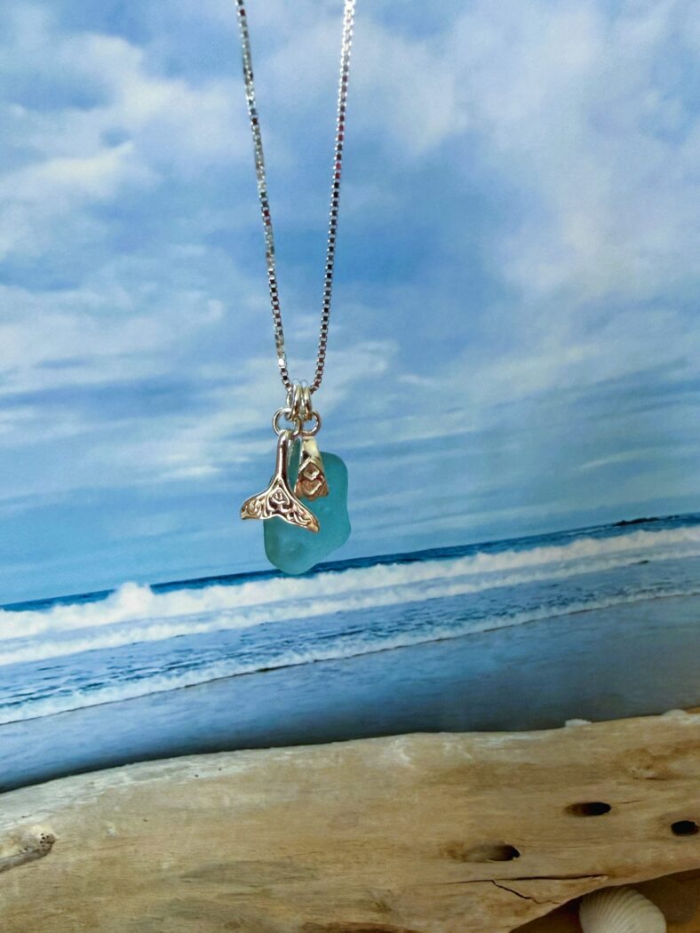 IMG_9979 sea glass necklace on a sterling silver chain with a charm