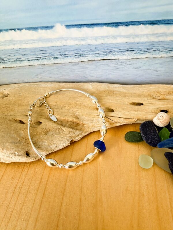 Blue Sea Glass sterling silver bracelet, Handmade in Scotland