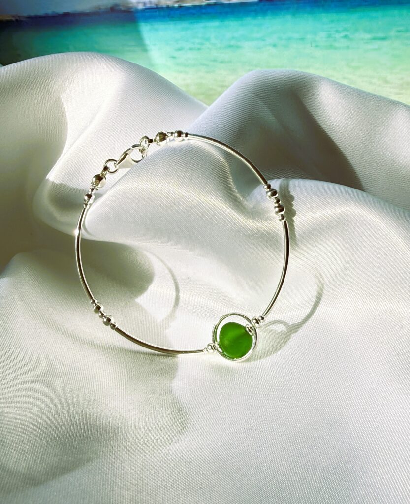 Green Sea Glass bracelet set with sterling silver, handmade in Scotland