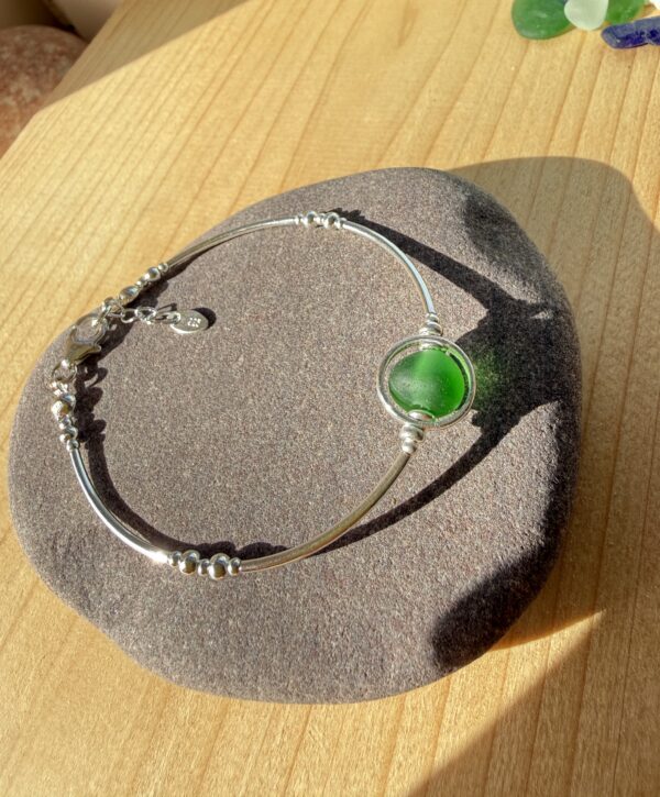green Sea Glass bracelet with sterling silver, handmade in Scotland